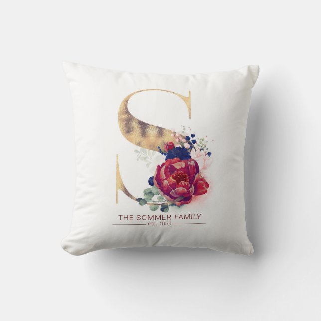 Gold S Monogram Floral Burgundy Red and Navy Blue Cushion (Front)