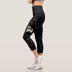 Gold Sable Lhasa Apso Cartoon Dog & Paws Capri Leggings