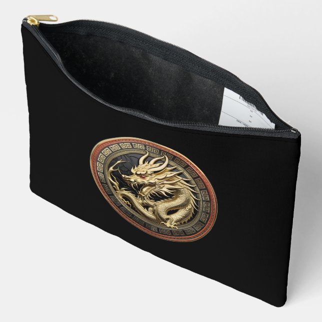 Gold Sacred Eastern Dragon Medallion Accessory Pouch (Open)