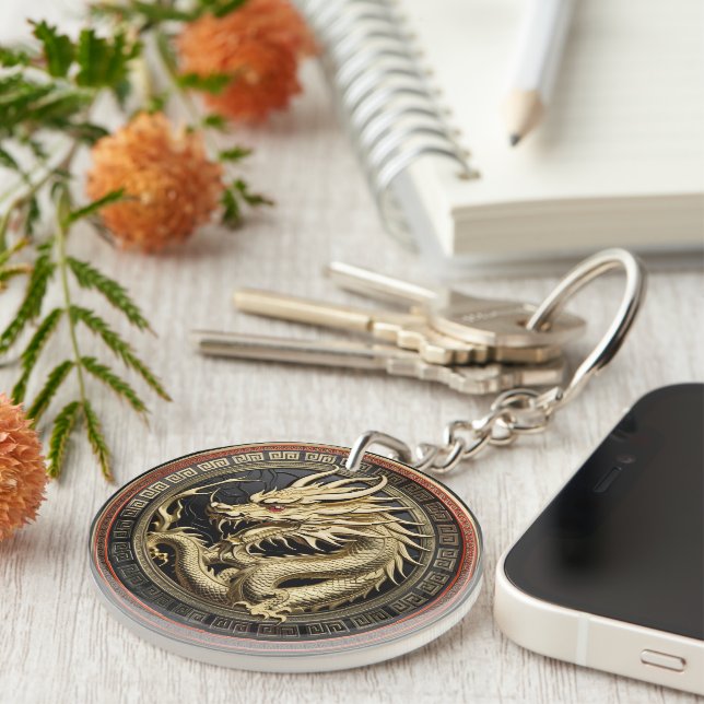 Gold Sacred Eastern Dragon Medallion Key Ring (Front Right)