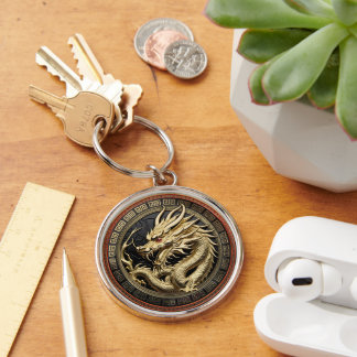 Gold Sacred Eastern Dragon Medallion Key Ring