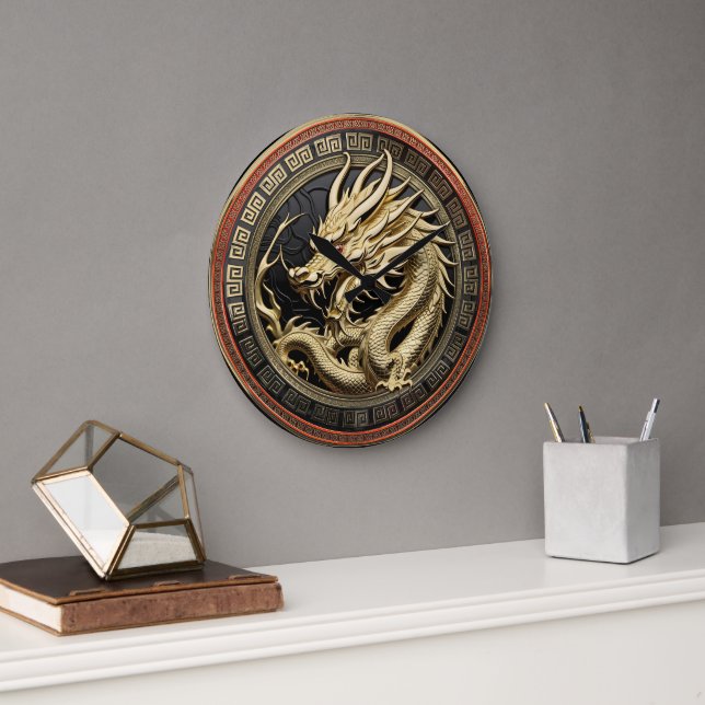 Gold Sacred Eastern Dragon Medallion Large Clock (Office)