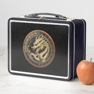 Gold Sacred Eastern Dragon Medallion Metal Lunch Box