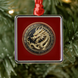 Gold Sacred Eastern Dragon Medallion Metal Tree Decoration