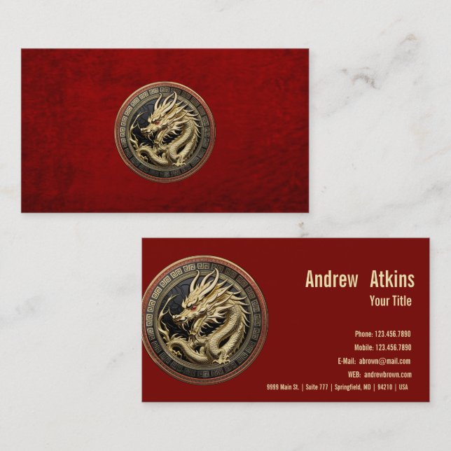 Gold Sacred Eastern Dragon Medallion on Red Velvet Business Card (Front/Back)