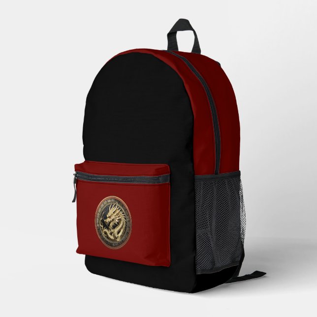 Gold Sacred Eastern Dragon Medallion Printed Backpack (Back Corner Right)