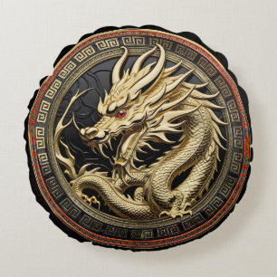 Gold Sacred Eastern Dragon Medallion Round Cushion