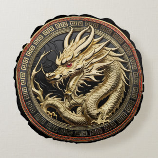 Gold Sacred Eastern Dragon Medallion Round Cushion