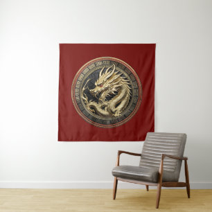 Gold Sacred Eastern Dragon Medallion Tapestry
