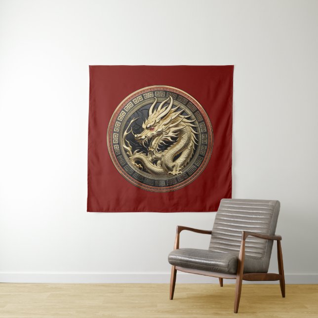 Gold Sacred Eastern Dragon Medallion Tapestry (In Situ)