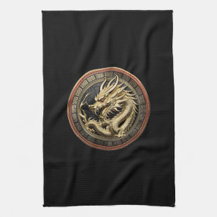 Gold Sacred Eastern Dragon Medallion Tea Towel