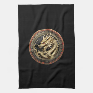 Gold Sacred Eastern Dragon Medallion Tea Towel