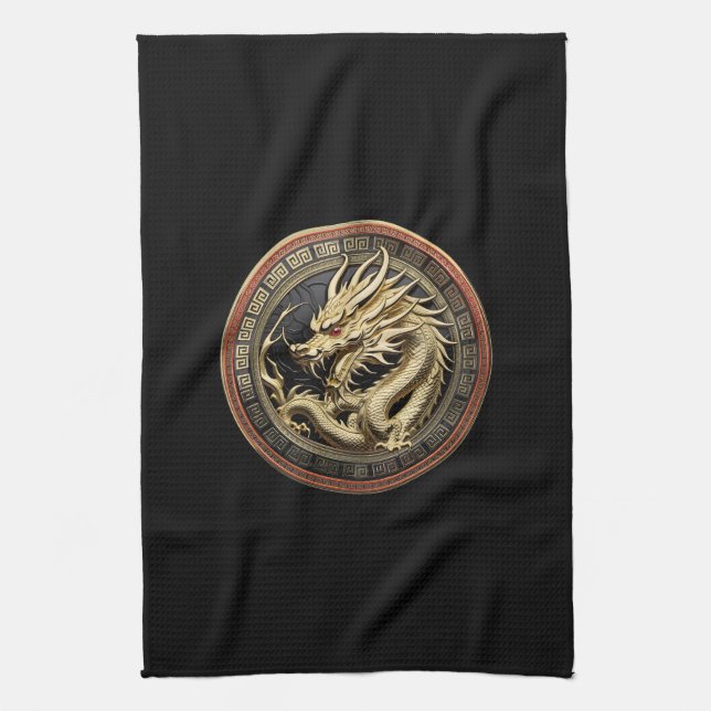 Gold Sacred Eastern Dragon Medallion Tea Towel (Vertical)