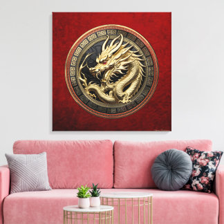 Gold Sacred Eastern Dragon over Medallion Canvas Print