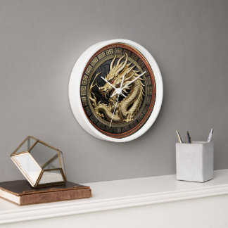 Gold Sacred Eastern Dragon over Medallion Clock