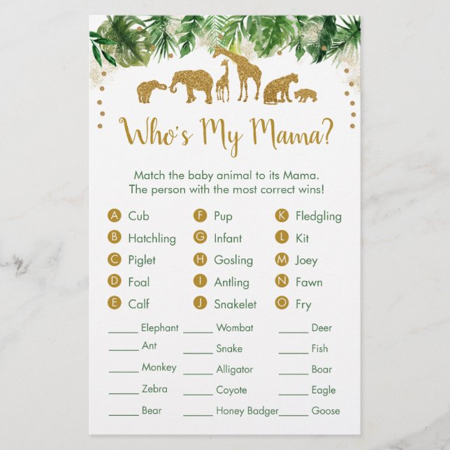 Gold Safari Animal Baby Animal Match Game (Front)