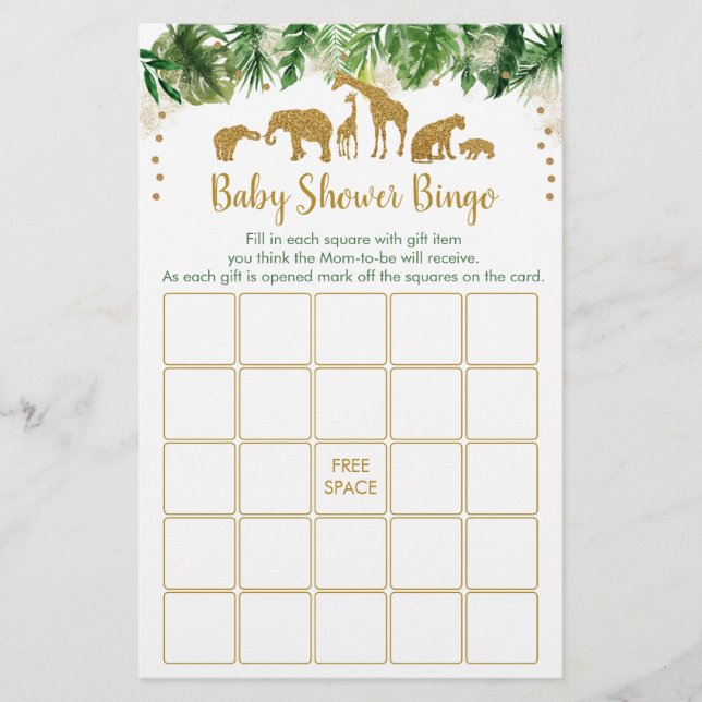 Gold Safari Animal Baby Shower Bingo Game (Front)