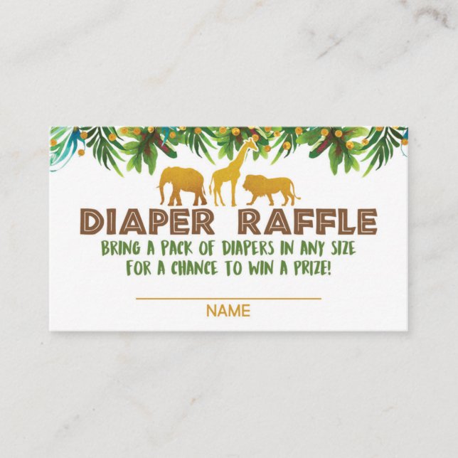 Gold Safari Animal Baby Shower Diaper Raffle Card (Front)