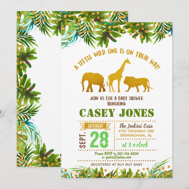 Gold Safari Animal Baby Shower Invitation (Front/Back)
