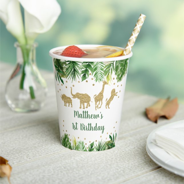 Gold Safari Animal Greenery Birthday Paper Cups (Insitu)