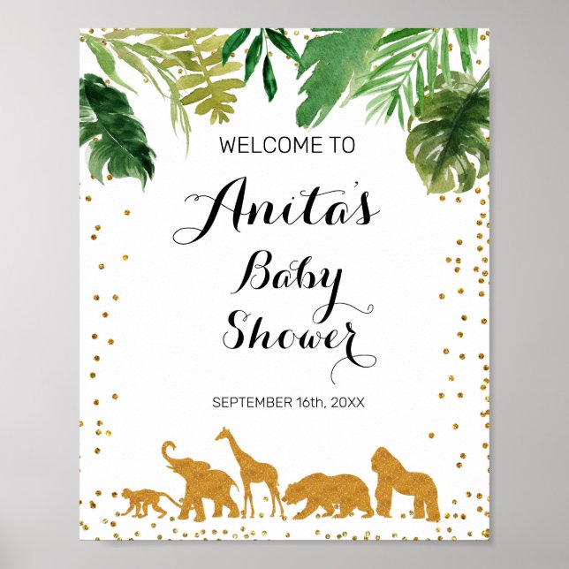 Gold safari animal Watercolor Baby Shower Welcome Poster (Front)