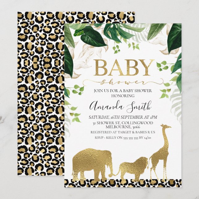 Gold Safari Animals Foliage Baby Shower Invitation (Front/Back)