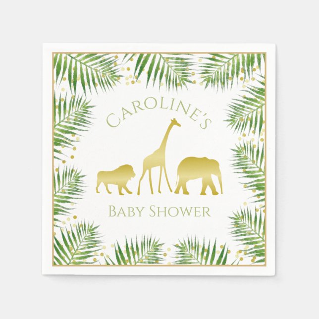 Gold Safari Animals Tropical Baby Shower Napkin (Front)