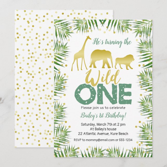 Gold Safari Animals WILD ONE 1st Birthday Invitation (Front/Back)
