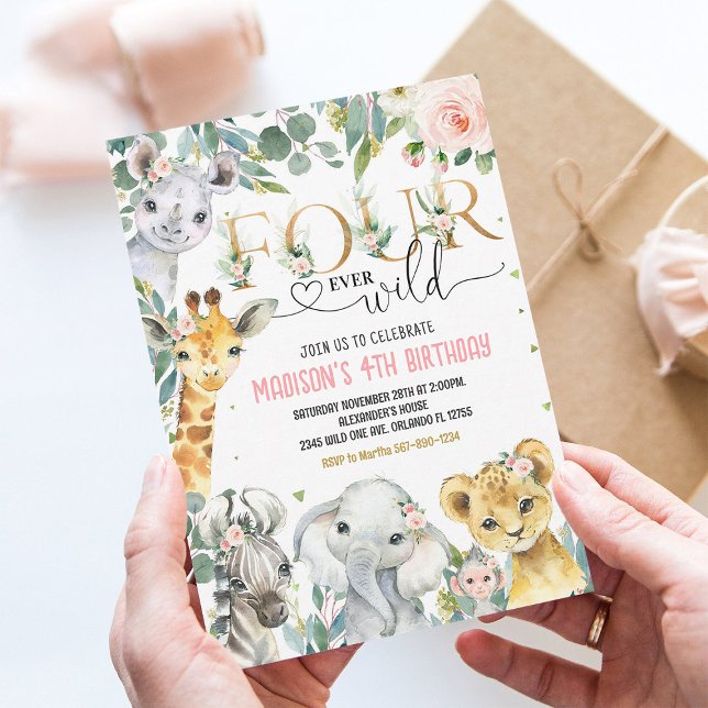 Gold Safari Four Ever Wild 4th Birthday Invite (Creator Uploaded)