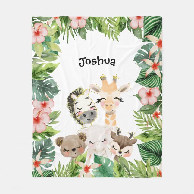 Gold Safari Friends | Watercolor Floral Greenery Fleece Blanket (Front)