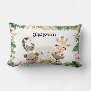 Gold Safari Friends   Watercolor Floral Greenery Lumbar Cushion