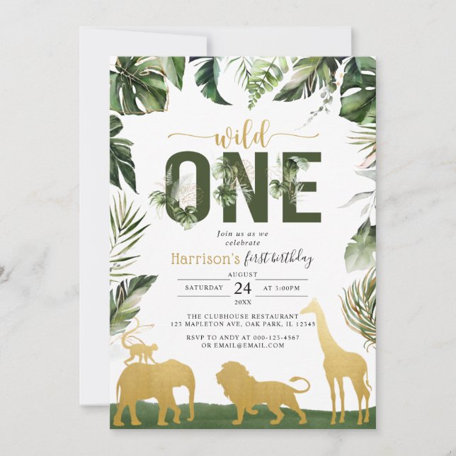 Gold Safari Jungle Animals Wild One First Birthday Invitation (Front)