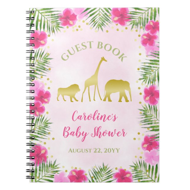 Gold Safari Pink Floral Baby Shower Guest Book (Front)