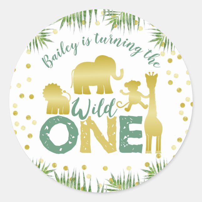 Gold Safari Wild One Animals Birthday Classic Round Sticker (Front)