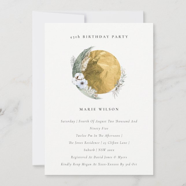 Gold Saga Green Floral Wreath Any Age Birthday Thank You Card (Front)