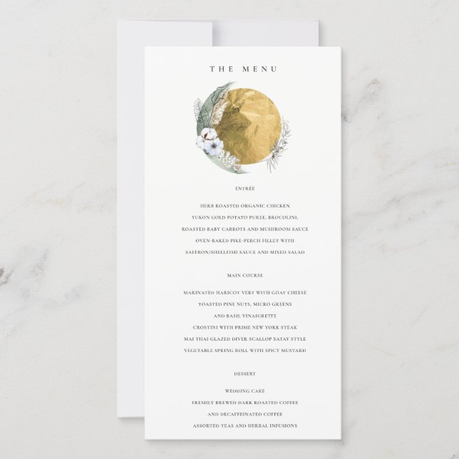 Gold Saga Green Floral Wreath Wedding Menu Card (Front)