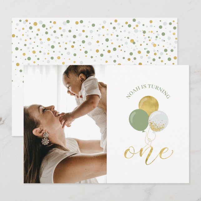 Gold & Sage Balloons | Boy 1st Birthday Party Invitation (Front/Back)