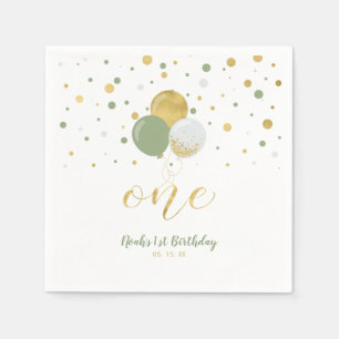 Gold & Sage Balloons, Confetti Boy 1st Birthday Napkin