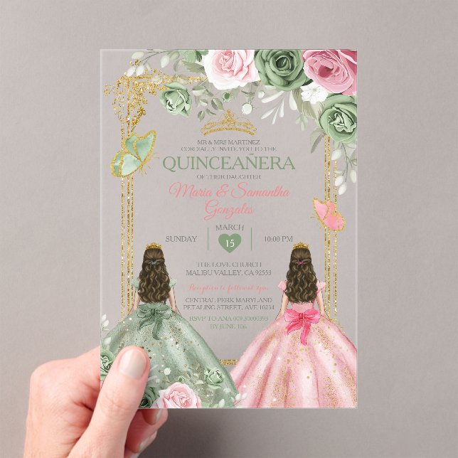 Gold Sage Green And Pink Twin Quinceañera Acrylic Invitations (Insitu (Handheld))