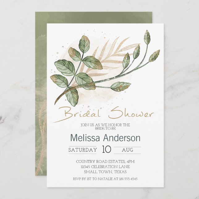 Gold Sage Green Floral Elegant Bridal Shower (Front/Back)