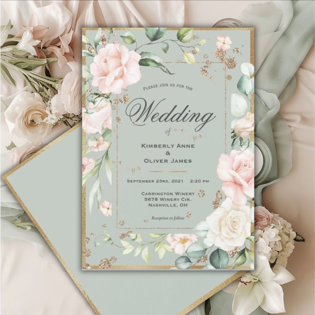 Gold Sage Green Floral Wedding Invitation (Creator Uploaded)