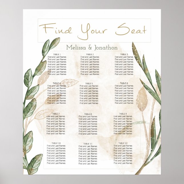 Gold Sage Green Floral Wedding Seating Chart (Front)