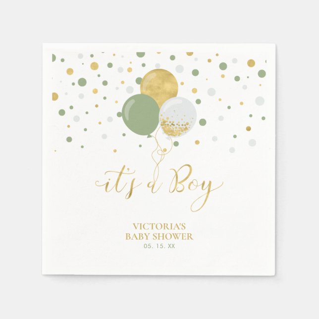 Gold & Sage Green It's a Boy Baby Shower Napkins (Front)