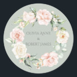 Gold Sage Green Pink Blush Floral Names Wedding Cl Classic Round Sticker<br><div class="desc">Pretty pink,  peach and pink blush watercolor flowers on a sage green background giving this sticker a romantic elegant look.  So delicate and pretty.  Combine pinks,  blushes,  peaches,  greens and browns for your wedding colours.  Gorgeous!  I can picture a beautiful romantic day.</div>