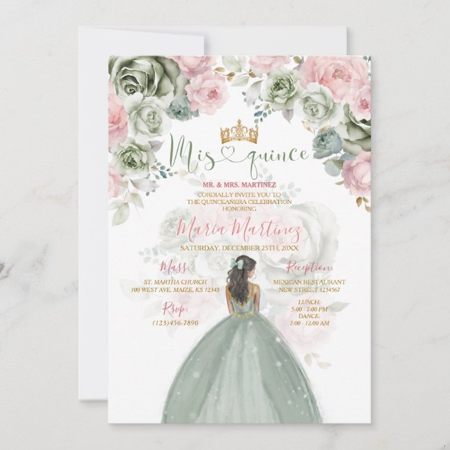 Gold Sage Green & Pink Floral Princess Mis Quince Invitation (Front)