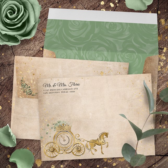 Gold Sage Green Princess Carriage Return Address Envelope (Sage green and gold princess carriage invitation envelopes to bring your fairy tale to life!)
