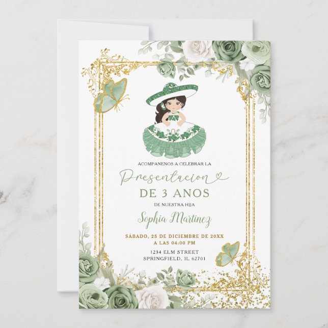 Gold Sage Green Spanish Girl's 3rd Birthday Invitation (Front)