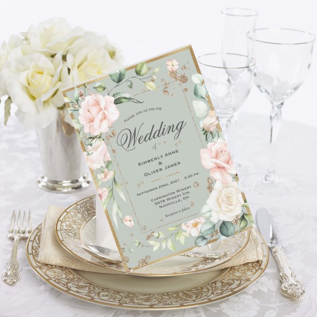 Gold Sage Green Watercolor Romantic Floral Wedding Invitation (Creator Uploaded)