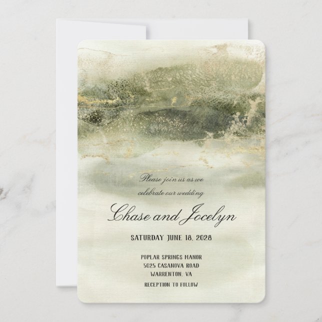 Gold & Sage Watercolor Wave Wedding Invitation (Front)
