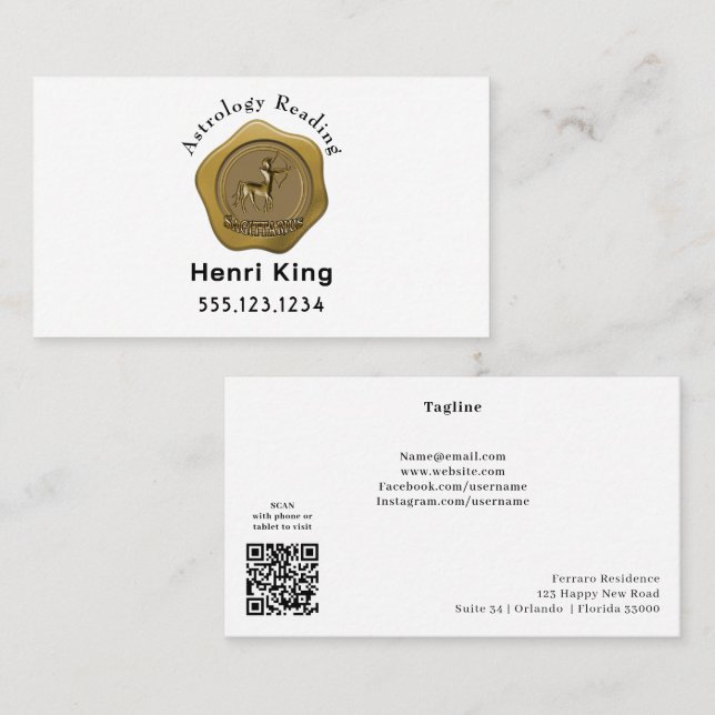 Gold Sagittarius Seal Coin & QR Code Astrology Business Card (Front/Back)